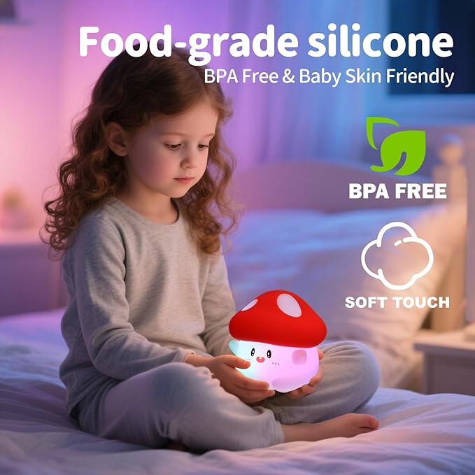 Rytinazzz Mushroom Night Light, Color Changing & 50-Hour Battery, Squishy Lamp with Pat Control for Kids Room Decor, USB Rechargeable, Valentines Gifts