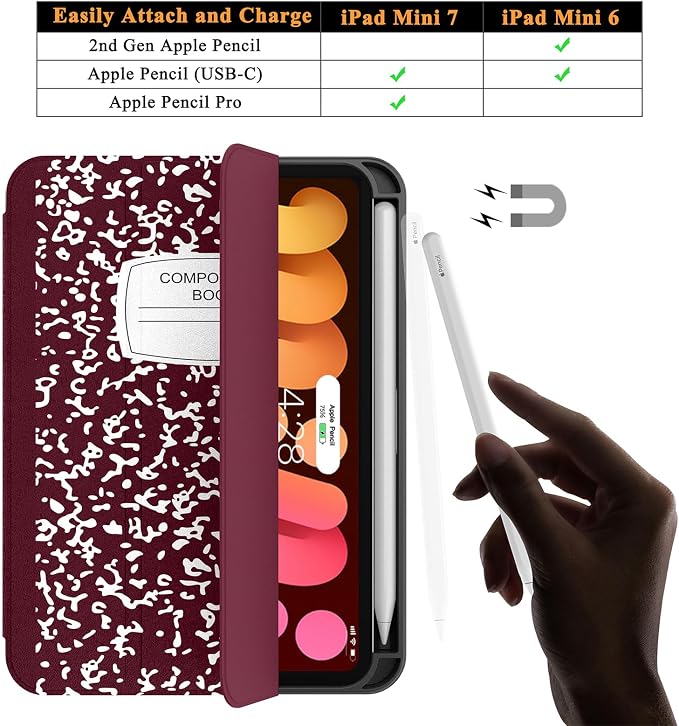 Soke Case for iPad mini (A17 Pro) 7th/ 6th Generation (Book Wine) | Built-in Apple Pencil Slot fit iPad Mini 2024 and 2021 8.3 inch Auto Sleep/Wake