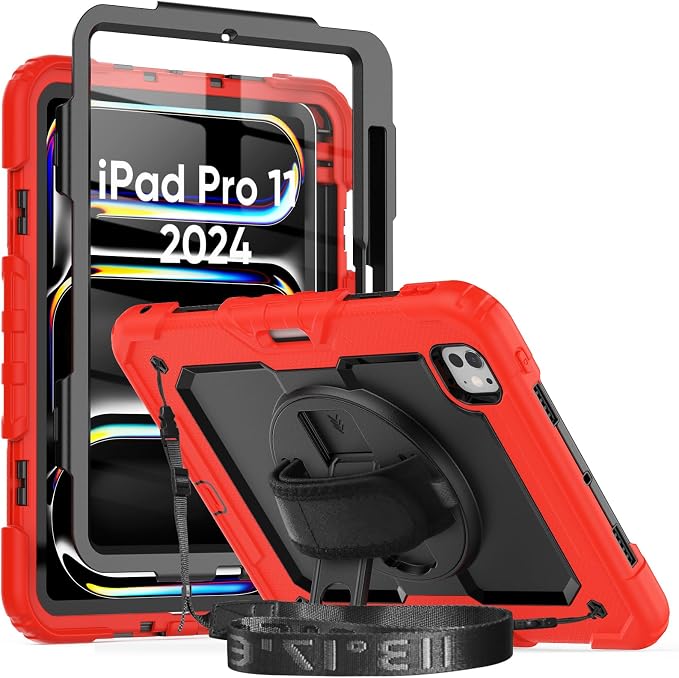 iPad Pro 11 Inch Case 2024 with Screen Protector Pen Holder | iPad Pro 11 5th Generation Case | Three Layer Shockproof Defender Protective Cover W/Stand Hand Strap for iPad A2836/A2837 | Black