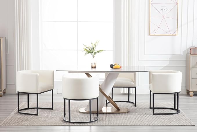 Faux Leather Dining Chairs Set of 8 Modern Barrel Arm Chairs with Black Metal Frame, Upholstered Kitchen Chairs 18.5" Wide Accent Chairs for Living Room Dining Room Restaurant, White
