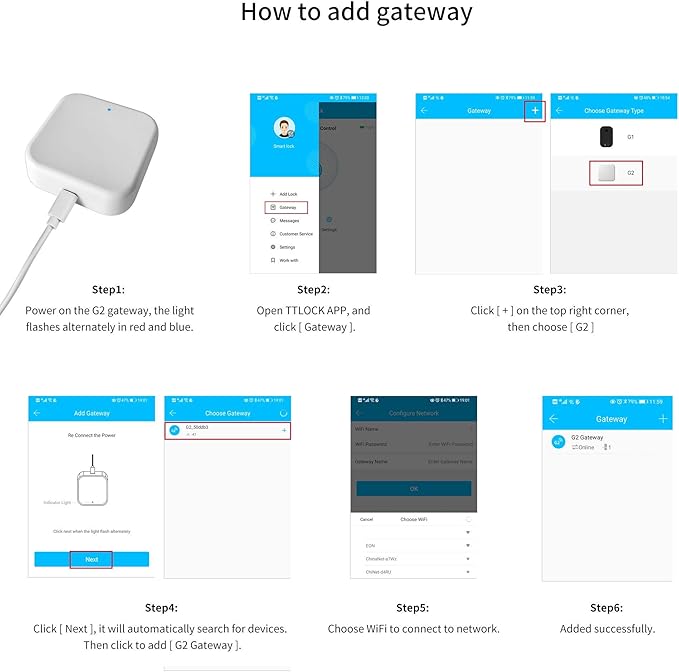 G2 Wifi Gateway Smart Lock for Voice Control, Wi-fi Bridge to TTLock App for Remote Control