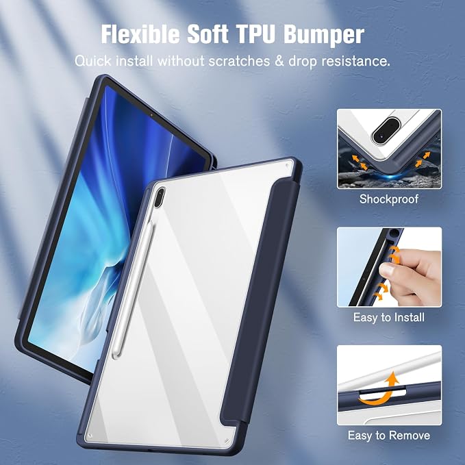 Fintie Clear Case for Samsung Galaxy Tab S8 Plus/ S7 FE/ S7 Plus 12.4 Inch | Transparent Back Shell Viewing &amp Typing Angles Shockproof S Pen Holder Auto Wake/Sleep Black