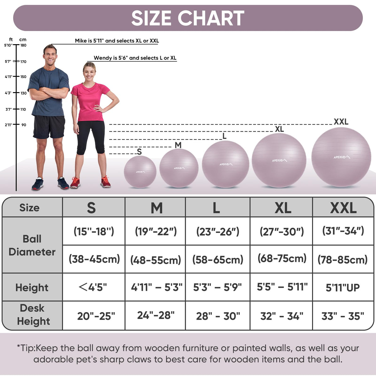 APEXUP Yoga Ball, 660 lbs Anti-Burst Exercise Ball with Pump, 5 Sizes