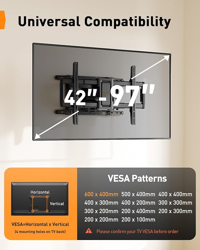 Perlegear Full Motion TV Wall Mount for 42–90 inch TVs up to 132 lbs, Preassembled and Telescopic Design for Easy Setup, Swivel, Tilt and Extension, Fits 16″/18″/24″ Wood Studs, Max VESA 600x400mm