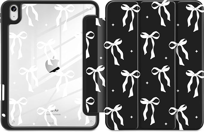 MecBevia Case for iPad Air 11-inch M4 2026 / M3 2025 / M2 2024 | Built-in Pencil Holder Shockproof Clear Hard Back Trifold Stand Auto Wake/Sleep Blue Bow