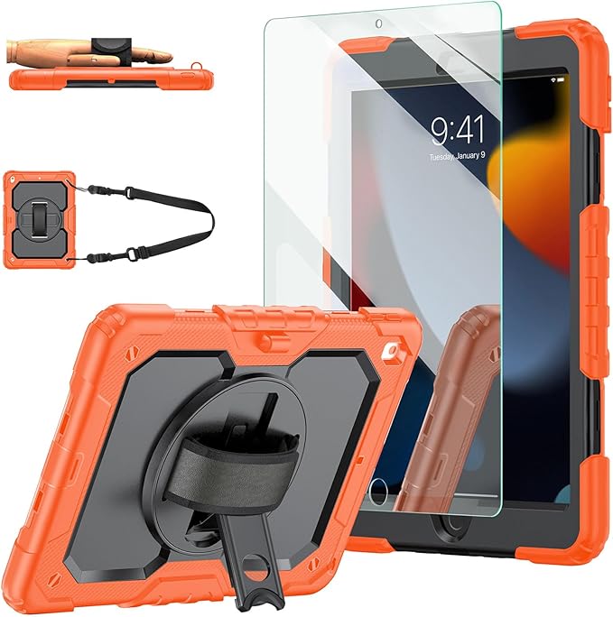 Ambison Case for iPad (A16) 11th/10th Generation 11''/10.9'' Black | Hand Strap 9H Tempered Glass Screen Protector Rotating Stand Shoulder Strap Heavy Duty Shockproof Pencil Holder