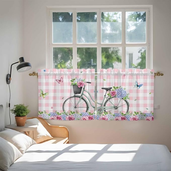 Spring Tier Curtains, Bicycles Leaves Butterfly Flowers Pink Buffalo Plaid
