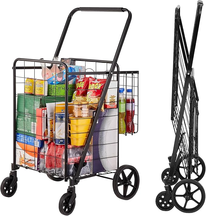 VEVOR Folding Shopping Cart, Jumbo Grocery Cart with Double Baskets, 360° Swivel Wheels, Heavy Duty Utility Cart, 110 LBS Large Capacity Utility Cart for Laundry, Shopping, Grocery, Luggage, Black