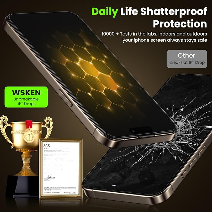 WSKEN for iPhone 16 Pro / 17 Privacy Screen Protector - 4 Way 360 Anti Spy | Auto Dust-Remove Zero Bubble 4 Directions Anti Peep Shatterproof Tempered Glass for 16 Pro / 17 2 Pack