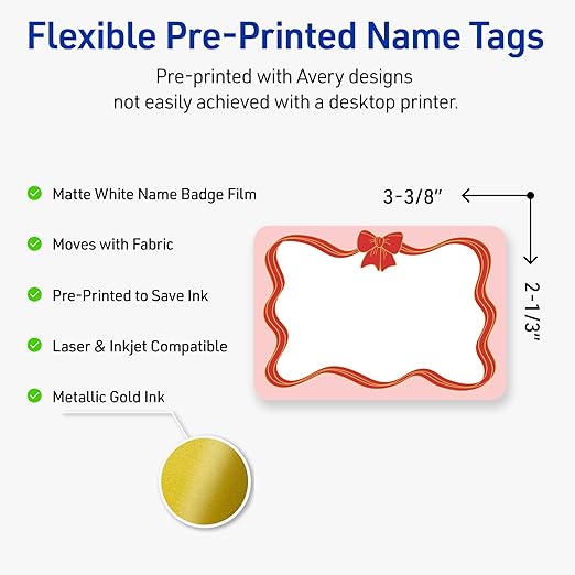 Avery Printable Christmas Adhesive Name Badges, Rectangle, 2-1/3" x 3-3/8", Pre-Printed Pink Border with Red & Gold Bow Design, Matte White, Laser & Inkjet Compatible, 80 Total