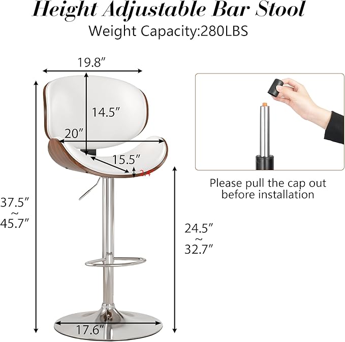 KCC Bar Stools Set of 2, Swivel Adjustable Height Barstools, PU Leather Upholstered Bar Chairs with Footrest, Bentwood Bar Stool for Kitchen, Bar, Dining Room(White PU)