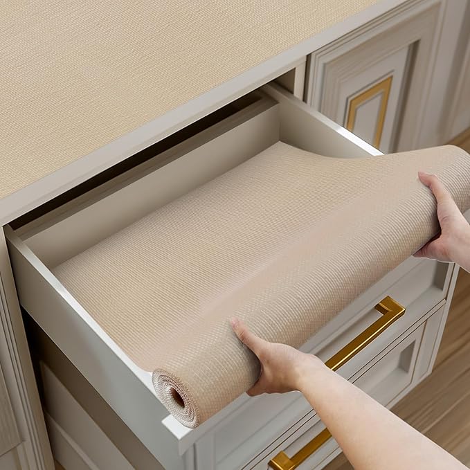 Shelf and Drawer Liner for Kitchen Cabinets Non-Adhesive, Strong Grip Non-Slip Thickened Cabinet Liners for Shelves, Waterproof Mats for Dresser Cupboard, Khaki, 23 in x 20 Feet
