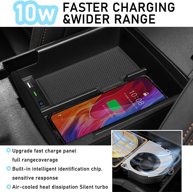 Wireless Car Charger for Ford Bronco (2021-2024) Wireless Charging Center Console Tray Interior Accessories 10w Wireless and USB Qc3.0 Fast Charging