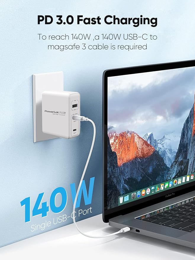 PowerLot 140W GaN PD Power Adapter18W USB-A Charger PD3.1 140W Type C Wall Charger or MacBook Pro 16'' Dell XPS iPhone 16/15 Pro Max iPad Pro ChromebookTablet
