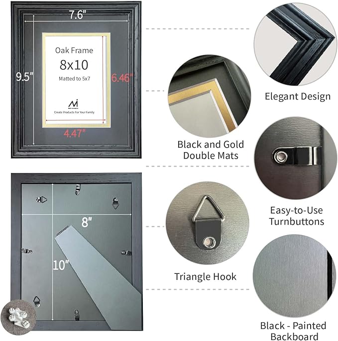 8x10 Picture Frame for Wall or Tabletop Oak Wood, 5x7 Picture Frame with Mat,8 x 10 Premium Photo Frame with Real HD Tempered Glass,Ideal for Home Decor, Art Gallery,Black, 1 Pack