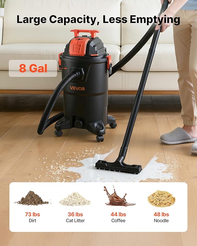 VEVOR Shop Vac, 8 Gallon Wet Dry Shop Vacuum, 4.5 Peak HP Portable with One-Button Self-Cleaning, Dual-Filter, 900W Input Power, 1.25in x 7ft Hose, 9.8ft Cord for Jobsite, Workshop, Garage, Home