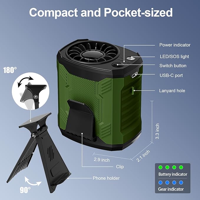 FlarePoint Portable 4-in-1 Waist/Neck/Desk Fan with Phone Stand & LED Light | 10000RPM Ultra-Fast Cooling, 4-Speed Rechargeable Battery | Lightweight for Indoor, Outdoor, Camping, Makeup(Green)