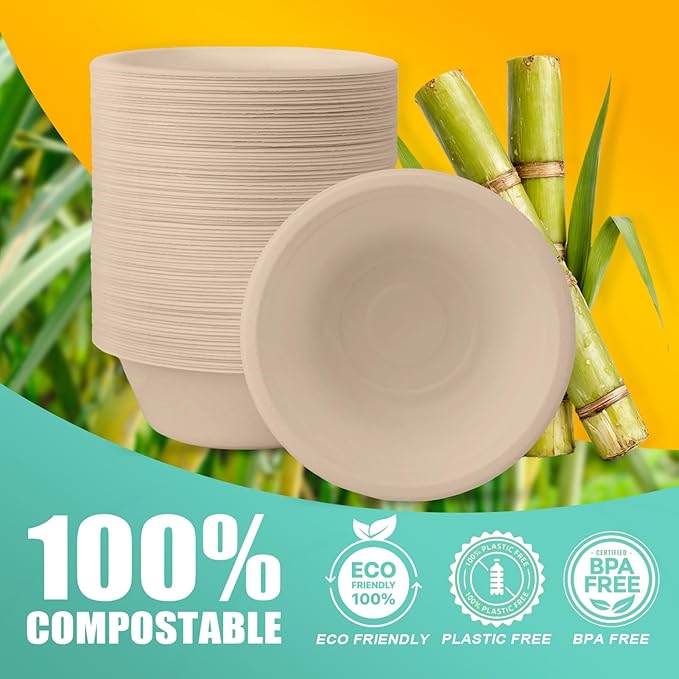 500 Count 12 oz Paper Bowls, Disposable Compostable Bowls Bulk, Heavy Duty Biodegradable Bagasse Bowl for Snacks, Soup, and Salads, Natural