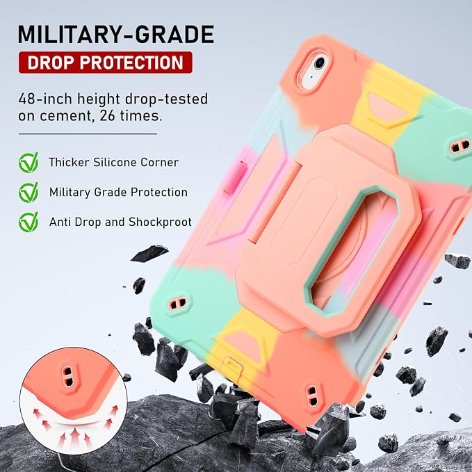 for iPad (A16) 11th Generation Case 11 Inch 2025/ iPad 10th Generation Case 10.9 Inch 2022 with 360 Rotating Grip Magic StandPencil Slot/Key Chain/Carrying Shoulder Strap Cover for iPad 10th Gen