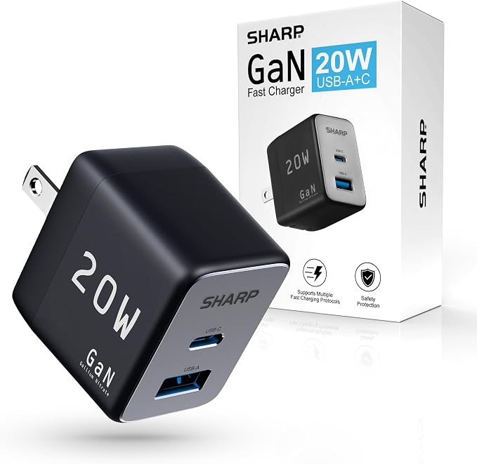 Sharp USB C Charger - 20W Dual Port (USB A+C) Compact Foldable GaN Fast Charge for iPhone 15/15 Pro/15 Pro Max/14/13/12 Pad Pro/AirPods and More Black GW-20PDA201U-BLK