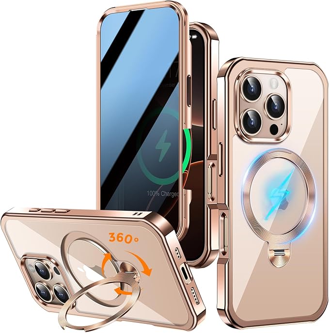 [360° Rotatable CD Stand & Built-in Privacy Screen Magnetic Case for iPhone 16 Pro[Compatible with MagSafe & Full Signal] Mil-Grade Shockproof Full Body Anti-Spy Cover for 16 Pro-Desert Gold