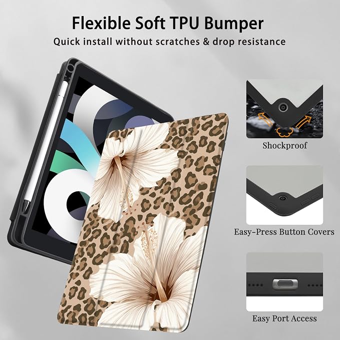 Joyland Brown Leopard Floral for iPad 6th/5th Generation 9.7 Inch 2018/2017Air 2/Air 1 CaseBuilt-in Pencil Holder with Shockproof Cover Transparent Back Shell Auto Wake/SleepBlack
