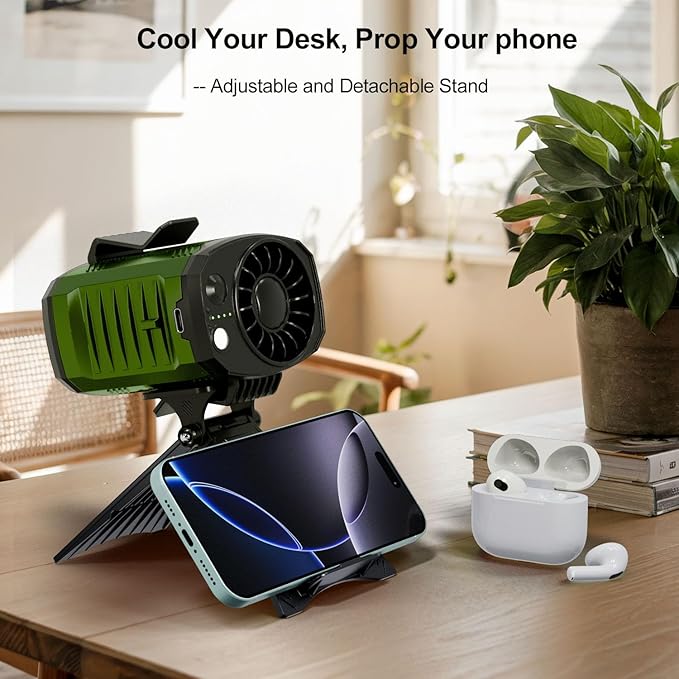 FlarePoint Portable 4-in-1 Waist/Neck/Desk Fan with Phone Stand & LED Light | 10000RPM Ultra-Fast Cooling, 4-Speed Rechargeable Battery | Lightweight for Indoor, Outdoor, Camping, Makeup(Green)