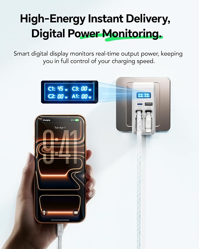 HATALKIN 67W Retractable Wall Charger 4-in-1 with USB-C &amp for Apple Cable | Smart Display ChargerFast ChargingRetractable ChargerFoldable PlugMulti-DeviceTravel UseFor Mac/iPhone/Samsung L