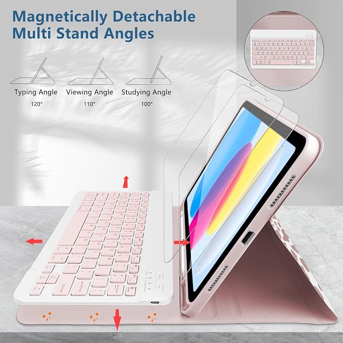 for Bluetooth Keyboard for iPad 10th Gen 10.9 inch (2022) case (A16) 11th / 10th Gen Case 11'' (2025) with 7-Color Backlights Pencil Holder Detachable Rechargeable - Black Cow