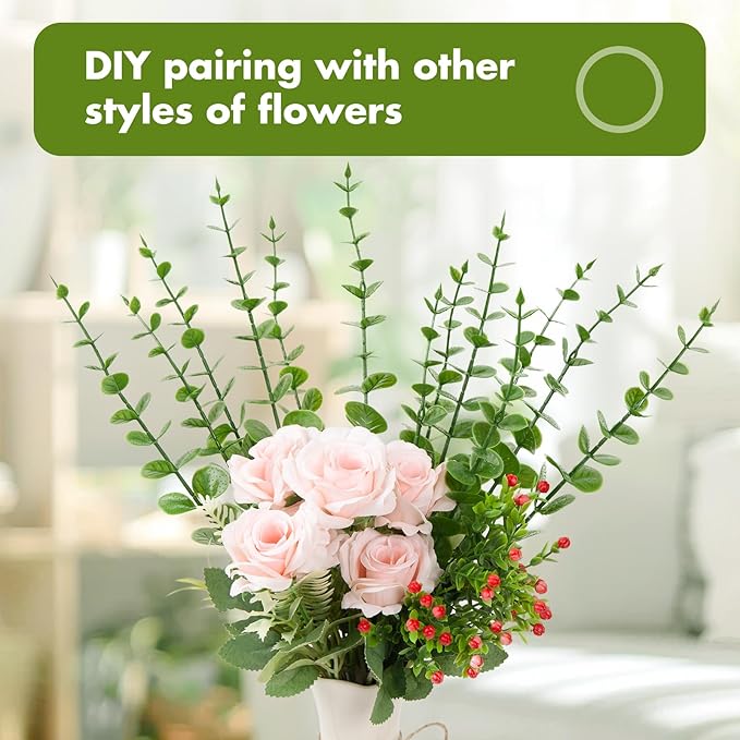 18pcs Eucalyptus Stems Light Green Greenery Stems Fake Leaves Artificial Flowers Bouquet Faux Branches Centerpiece Flores Plants for Home Party Decor Wedding Decoration