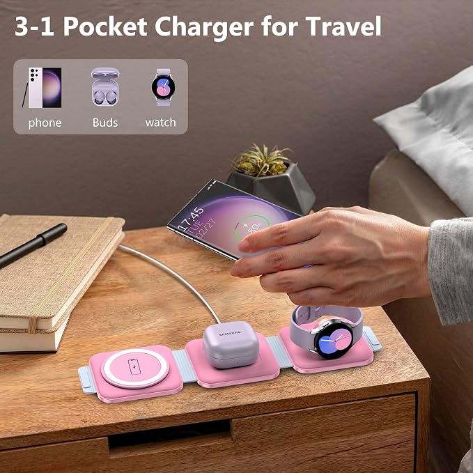 Travel Charger for Samsung Multi Devices Foldable 3 in 1 Wireless Charging Station Fast Charging Stand/Pad Compatible for Samsung Galaxy S26/S25/S24/S23/Note20 GalaxyWatch8/7/6 Galaxy Buds4