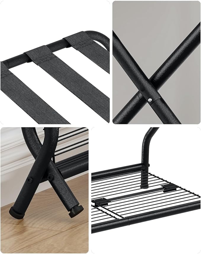 1-Piece Foldable Black Luggage Rack Stand with Storage Shelf – Heavy Duty Metal Suitcase Holder, 150 lbs Top, 50 lbs Bottom, Fits 20”-28” Luggage – Guest Room, Bedroom, Hotel LR-BK-1