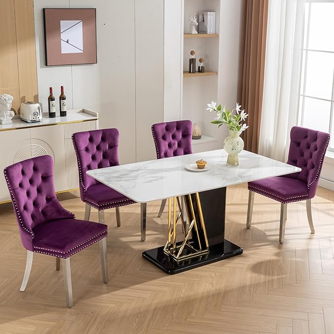 Luxury Upholstered Dining Chairs Set of 8, Purple Kitchen Chair with Silver Metal Legs, Velvet Tufted Back Dining Chair, Sillas de Comedor, Modern Kitchen & Dining Room Chairs (Purple, 8 Pcs)