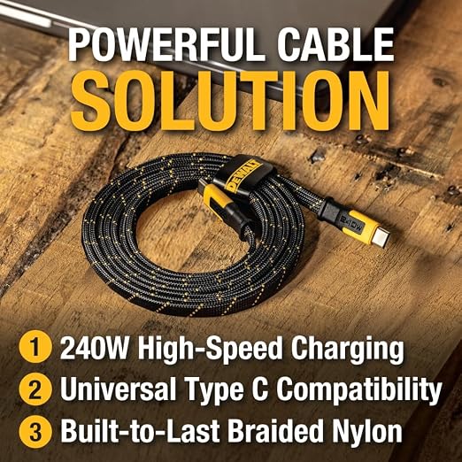DEWALT Heavy Duty USB-C to USB-C Fast Charging Cable 1FT | Flat 240W Type-C Fast Charging Cable for iPhone 17/16/15 Pro Max Samsung Galaxy MacBook iPad Pixel 2-Pack