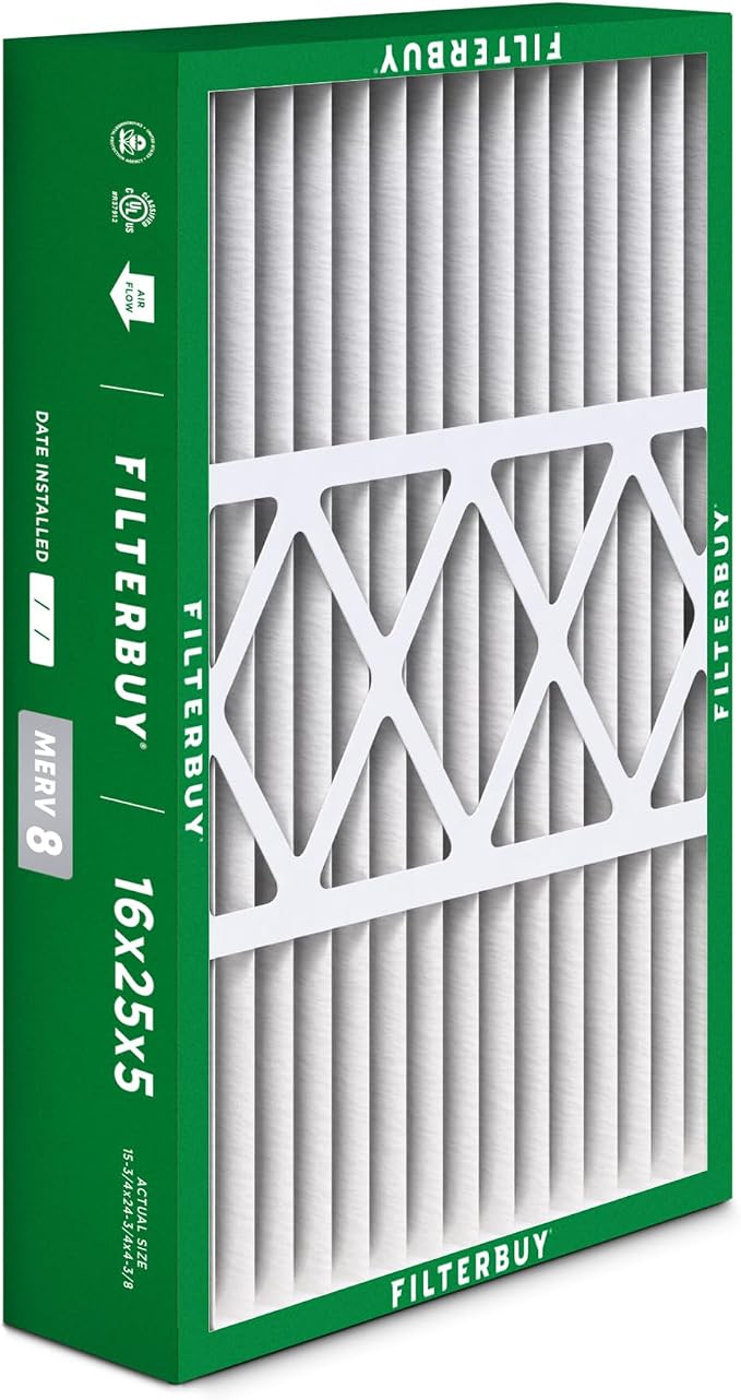 Filterbuy 16x25x5 Air Filter MERV 8 Essential Dust & Allergy Defense, Pleated