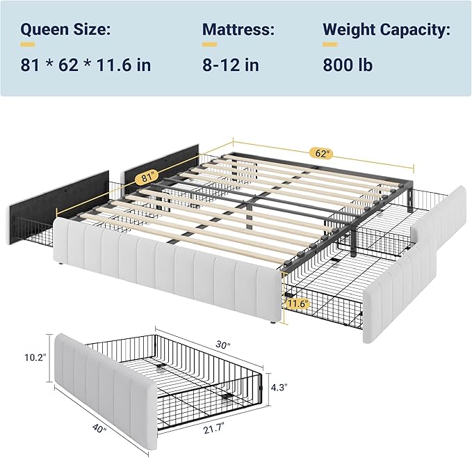 Allewie Queen Size Platform Bed Frame with 4 Large Storage Drawers, Velvet Vertical Channel Tufted Upholstered Bed Base, Wooden Slats Support, Noise-Free, No Box Spring Needed, Easy Assembly, White