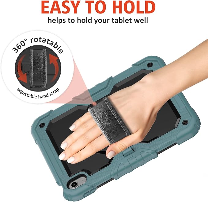 Ambison Case for iPad (A16) 11th/10th Generation 11''/10.9'' Black | Hand Strap 9H Tempered Glass Screen Protector Rotating Stand Shoulder Strap Heavy Duty Shockproof Pencil Holder