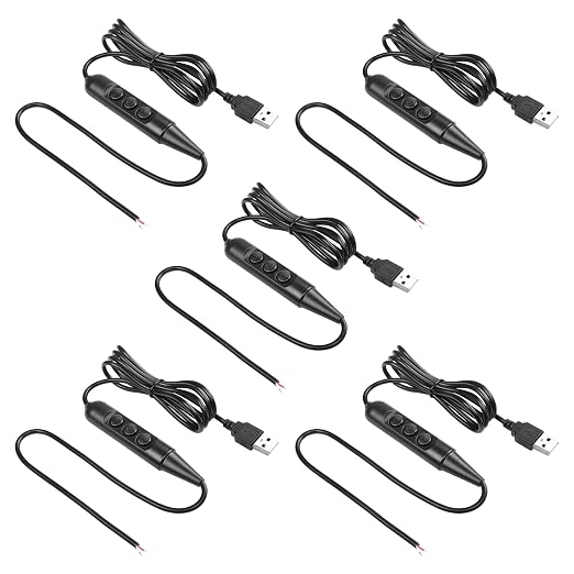SinLoon USB Male with On/Off Switch to Stripped Ends USB 2.0 6-Speed Dimming Switch Power Cable for LED Strips Little Table Lamp and Other 5V Devices 5Pcs 1.5M/4.9FT (Black)