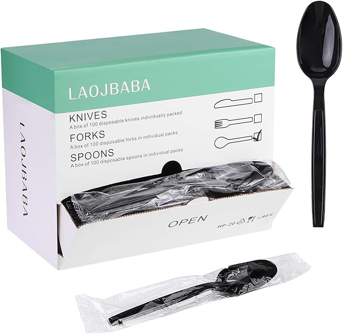 Laojbaba Plastic Spoons Disposable Individually Packaged Spoons Black 7-Inch Commercial Take Away,Super Hard Mass Heavy Individually Wrapped 100 PCS