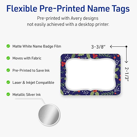 Avery Printable Christmas Adhesive Name Badges, Rectangle, 2-1/3" x 3-3/8", Pre-Printed Navy Border with Silver Metallic Frame Design, Matte White, Laser & Inkjet Compatible, 80 Total