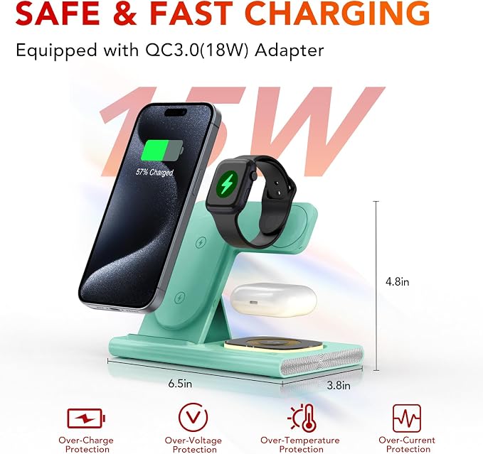 3 in 1 Foldable Wireless Fast Charging Station for Apple Multiple Devices | iPhone Charging Station for iPhone 17 Travel iWatch Charger Stand Light Nightstand Charging Dock for Apple Watch/Airpods