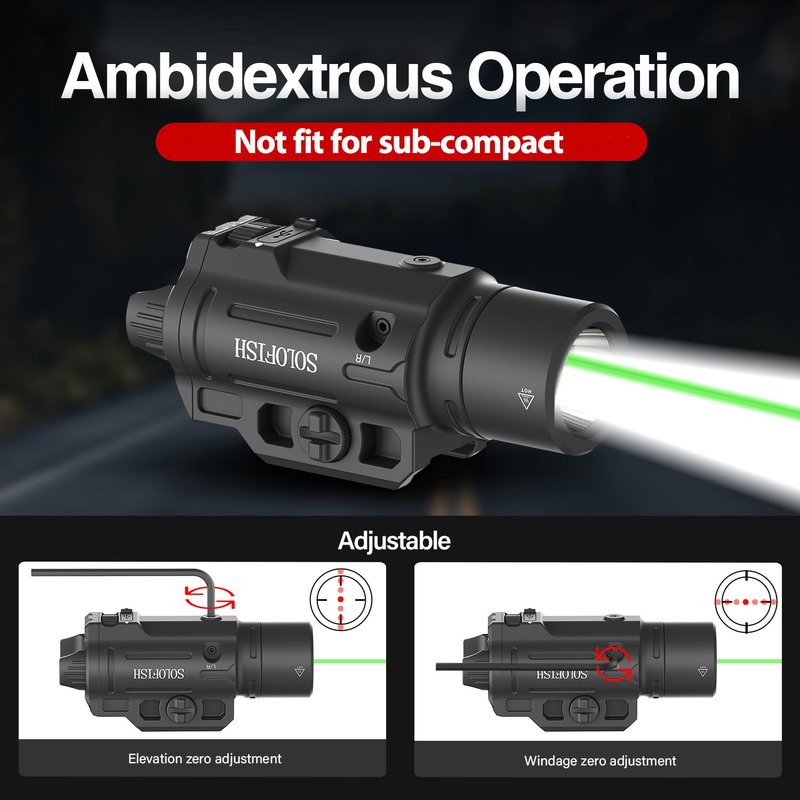 Solofish 1500lm Slidable Pistol Light and Green Beam Combo with Strobe/Momentary, Rechargeable Tactical Flashlight Compatible with Picatinny Rail