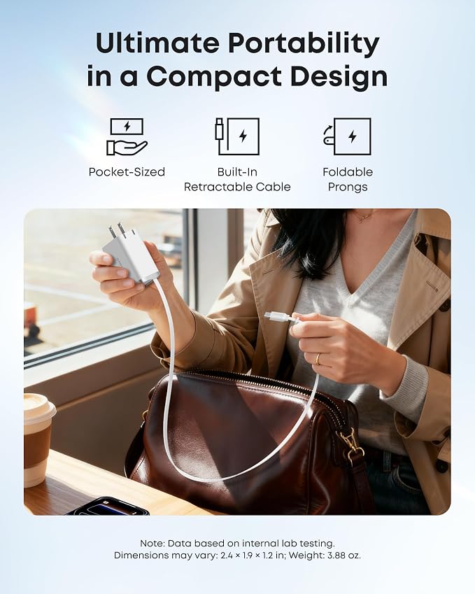 Anker Nano Retractable USB C Charger Block Compact 35W Phone Charger | 2-Port Charger with Durable Built-in Anker InstaCord Retractable Cable for iPhone 17/16/15 iPad(BlackNon-Battery)