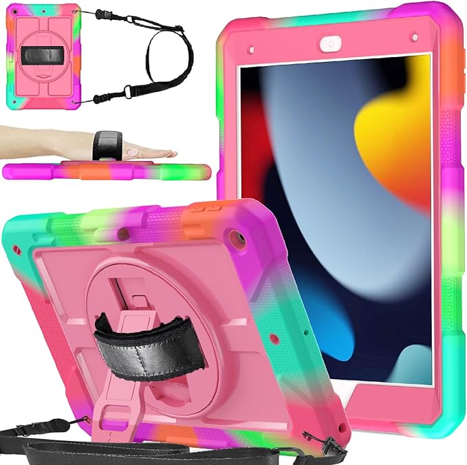 BMOUO for iPad 9th/8th/7th Generation Case 10.2 Black | Shockproof Rotating Stand Shoulder Hand Strap iPad 9th/8th/7th Generation Case with Pen Holder for iPad 10.2“ 2021/2020/2019