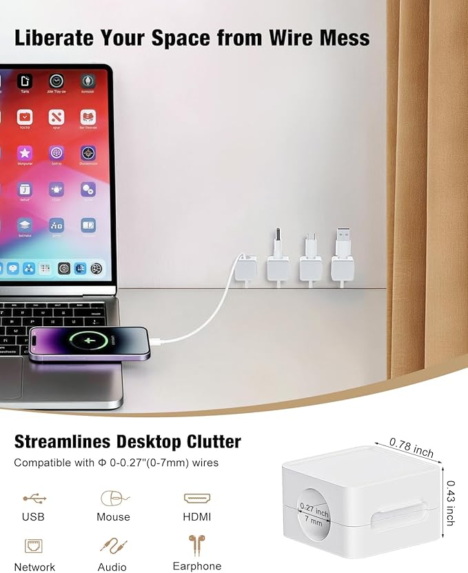 Cord Holder, 6 Pack Magnetic Cable Clips, Adhesive Cord Holder for Nightstand Desk Organizer Car Wall Office Phone Wire Keeper, Clear White