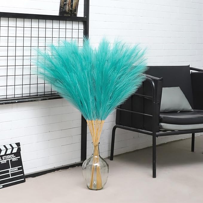 38" 10 Stems Faux Pampas Grass Decor - Tall Pampas Grass for Floor Vase Fluffy Artificial Pampas Grass for Boho Home Wedding Mothers Day Decoration（Lake Blue）