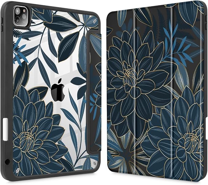 Tuiklol for iPad Pro 11 Inch 4th / 3rd / 2nd / 1st Gen (2022 2021 2020 2018) Case -Built-in Pencil Holder Shockproof Cover Clear Transparent Back Shell with Auto Wake/Sleep Black Flower