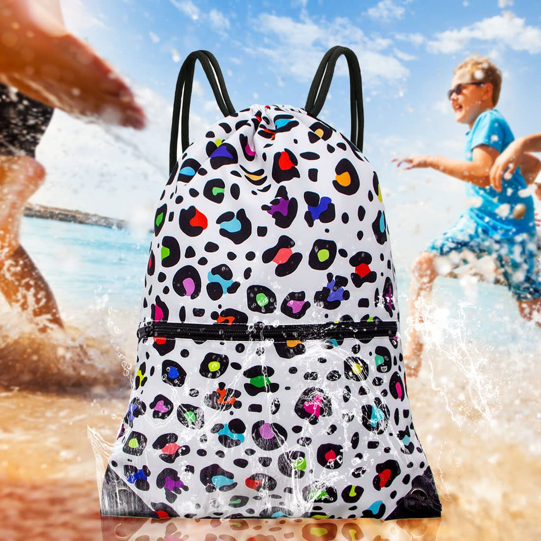 HOLYLUCK Drawstring Backpack Bag Sport Gym Sackpack (colorful white leopard)