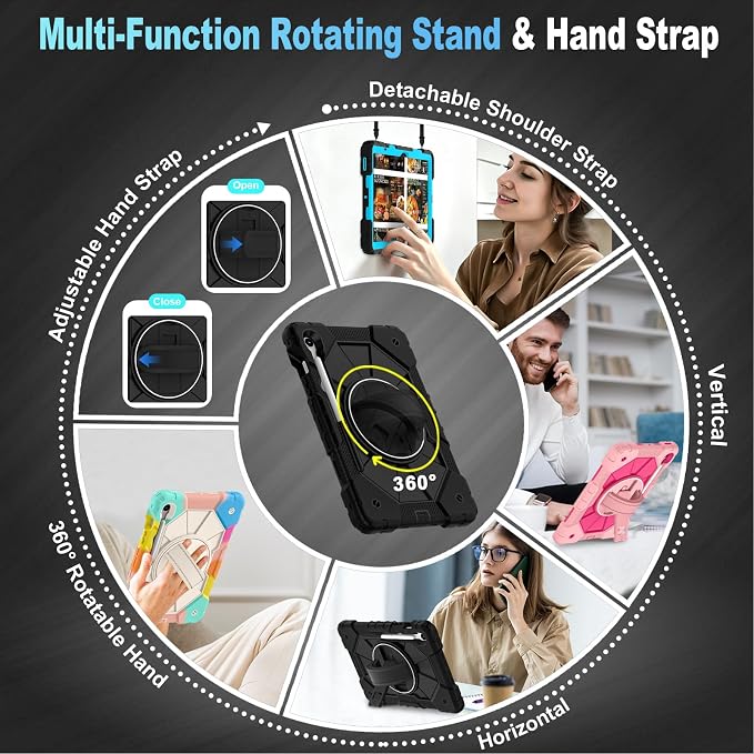 Case for Samsung Galaxy Tab S10 Lite/S10 FE/S9 FE /S9 Tablet Case 10.9/11 Inch with Rotate Stand &amp Hand Strap Screen Protector Pen Holder for Galaxy Tab S10 FE Cases Black