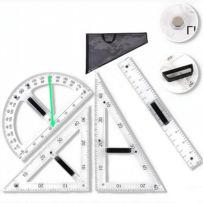 Magnetic Teaching Ruler Set with Multi-Functional Geometry Tools Durable ABS Plastic for Whiteboard Classroom Projects Student Teacher Math Supplies (Clear 4pcs)